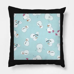 Playful Snowmen playing with snowballs blue background Pillow