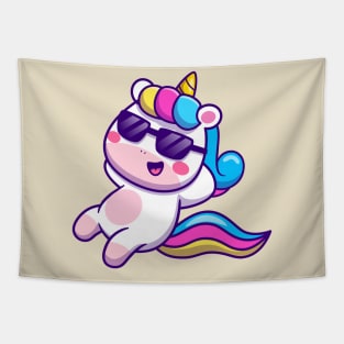 Cute Unicorn Relaxing Wearing Glasses Cartoon Tapestry