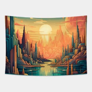 Radiant Horizons: Golden Sci-fi Scene Tapestry