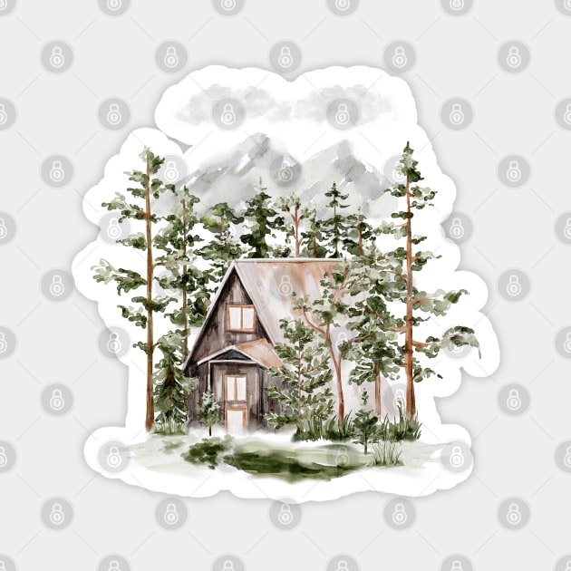 Watercolor Cabin in The Evergreen Forest Magnet by the nature buff