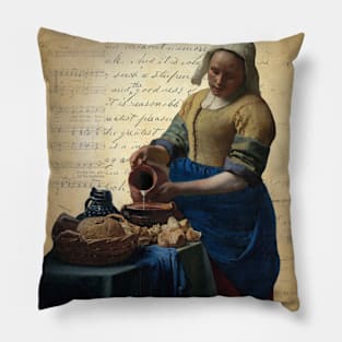 Vermeer’s The Milkmaid on Antique Paper Collage Famous Painting Series Pillow