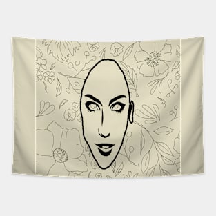 Beige and black floral line art minimalist abstract mid century modern art Tapestry