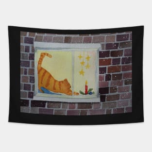 Red tabby cat in the window watercolor Christmas painting Tapestry