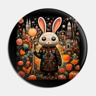 Surrealistic Folk Art Dark Floral Motif Rabbit Design Pin