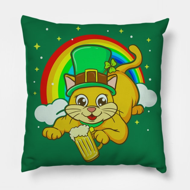 St Patricks Day Irish Leprechaun Cat Beer Funny Humor Pillow by E