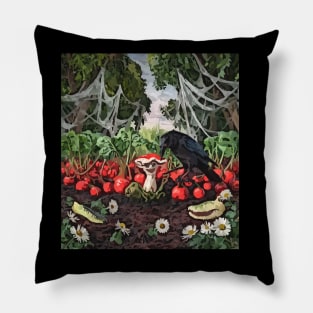 watercolor crow tending garden with mushroom Pillow