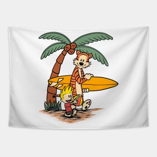 Calvin and Hobbes Surfing Board Tapestry