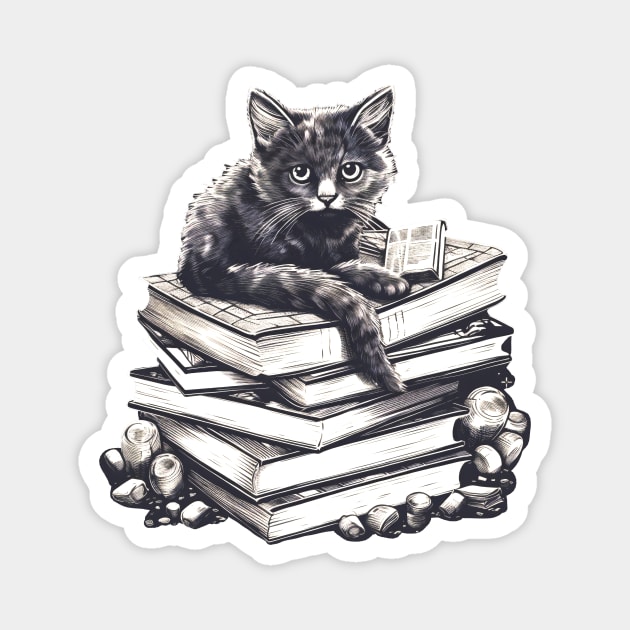 Bookish cat sleeping on books - Kitten lady & librarian gift Magnet by OutfittersAve