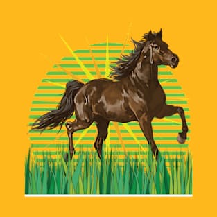 Pferd auf der weide mit Sonnenstrahlen T-Shirt