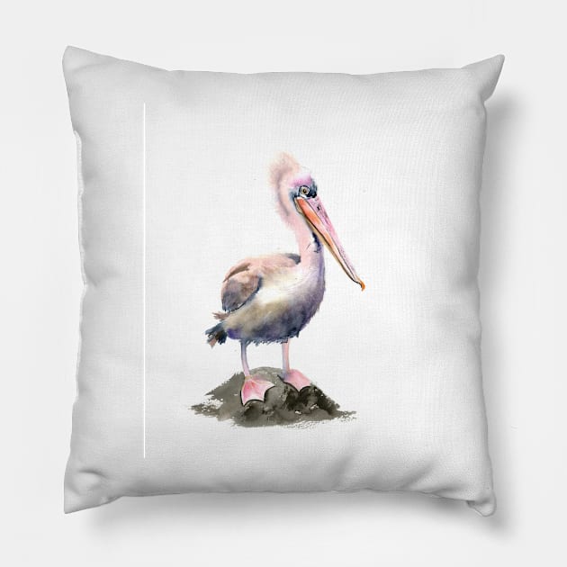 Pelican -Watercolor art Pillow by PaintsPassion