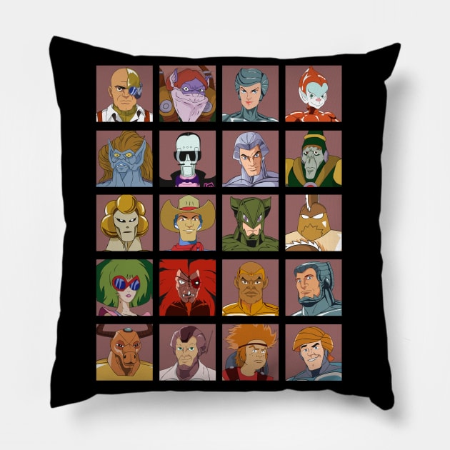 SilverHawks Characters. Quicksilver, Steelheart, Steelwill, Mon*Star, Hardware, Timestopper, Yes-Man, Smiley and many more! Pillow by DaveLeonardo