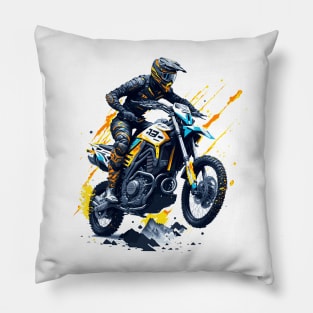 Enduro and motocross motorbike illustration. Adventure on paint splashes. Competition on mountain roads. Offroad Pillow