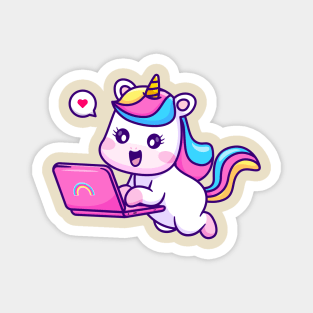 Cute Unicorn Working On Laptop Cartoon Magnet