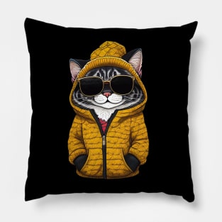 Cool Cartoon Cat in Jacket, Cap, and Sunglasses 2 Pillow