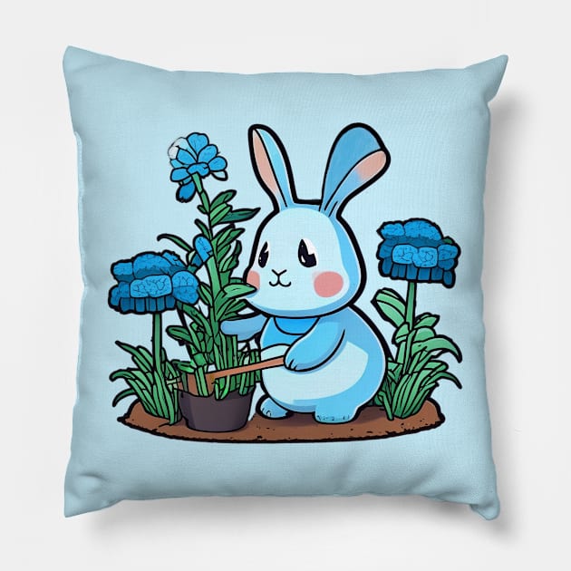 BLUE RABBIT GARDENING #1 Pillow by RickTurner