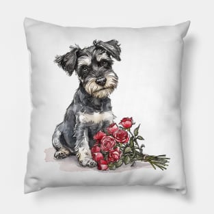 Valentine Miniature Schnauzer Dog Giving Flowers Pillow