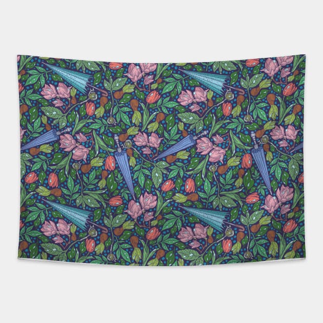 Umbrellas with pink magnolia and tulips after rain Tapestry by PinataFoundry