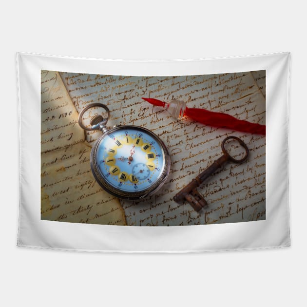 Beautiful Pocket Watch On Old Letters Tapestry by photogarry