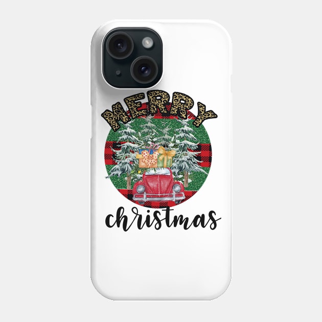 Merry christmas leopard buffalo plaid tree truck Phone Case by Peach Lily Rainbow