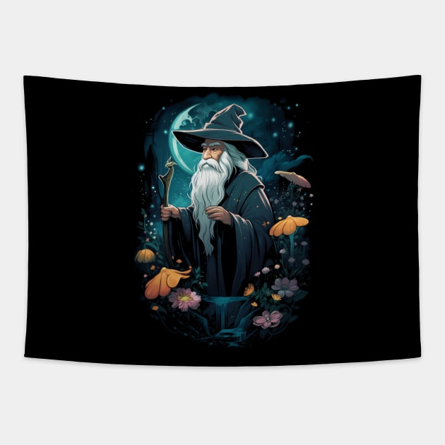 Wizard at Night - Cartoon Style - Fantasy Tapestry by Fenay-Designs