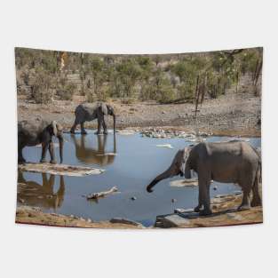 Namibia. Etosha National Park. Elephants at Waterhole. Tapestry