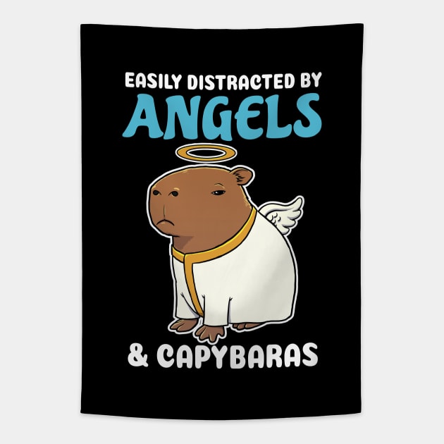 Easily Distracted by Angels and Capybaras Cartoon Tapestry by capydays