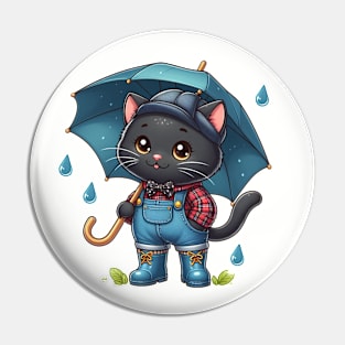 Cute cat in rain boots with umbrella Pin