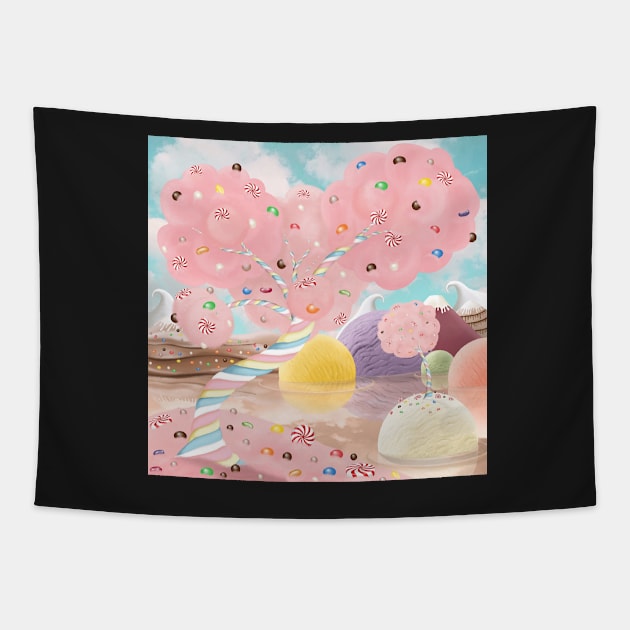 Candy land fantasy background. Sweets world landscape. Marshmallow tree, chocolate milk river, ice cream islands Tapestry by likapix