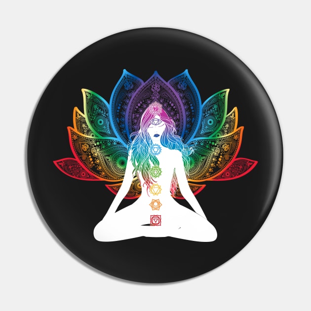 Rainbow Lotus Flower With Chakras Aligned Meditating Bohemian Girl Pin by glintintheeye