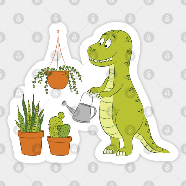 Cute Dino Watering His Houseplants T Rex Dinosaur Sticker Teepublic