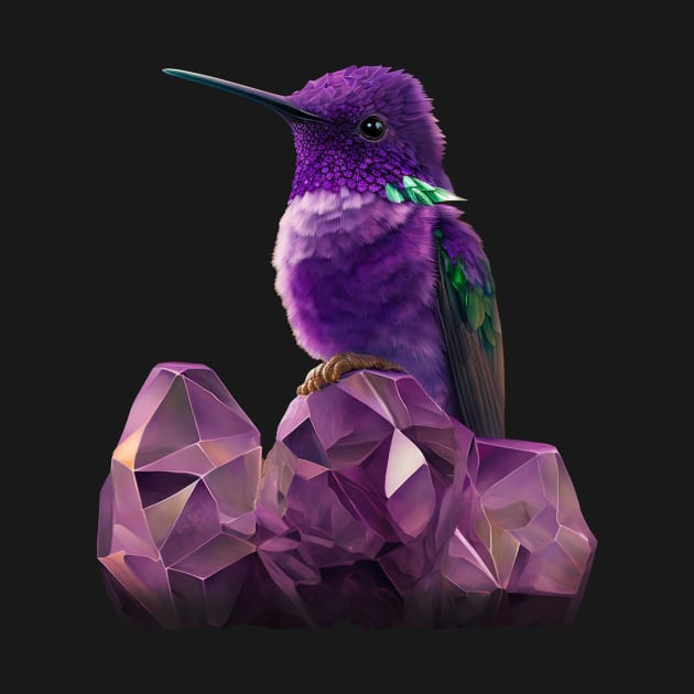 Fantasy Hummingbird perched on Amethyst Crystals by SCHummingbirds