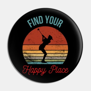 Find Your Happy Place - Female Golfer Silhouette Over a Retro Sunset Pin