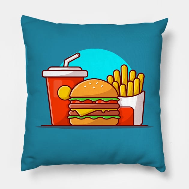 Burger, French fries And Soft Drink Cartoon Vector Icon Illustration (2) Pillow by Catalyst Labs