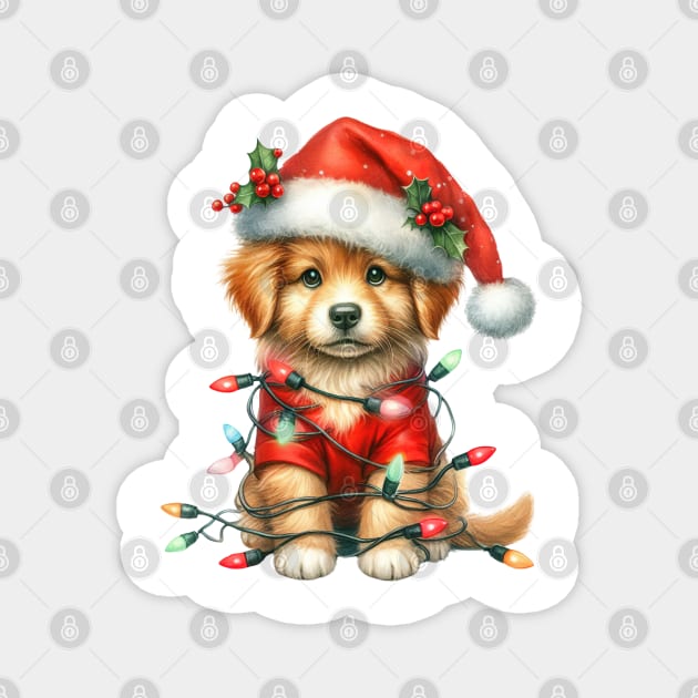 Dog Wrapped In Christmas Lights Magnet by Chromatic Fusion Studio