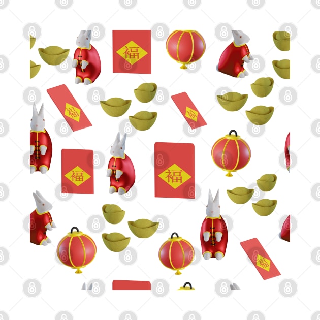 3d rendered rabbit wearing red cheongsam with red envelope and gold chinese yuanbao and aldo chinese lantern seamless pattern perfect for chinese new year 2023 design by maricetak