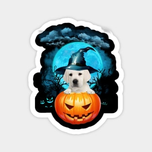 White Labrador Witch Hat Pumpkin And Blue Moon Halloween Magnet