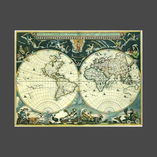 Antique Old World Double Hemisphere Map by Joan Blaeu, 1662 T-Shirt