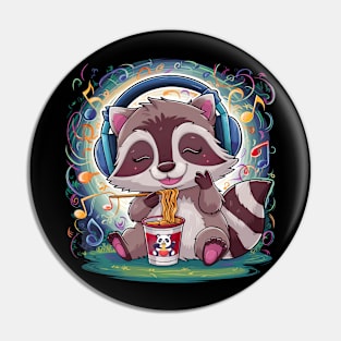 Funny raccoon eating noodles and enjoying music. Music lovers Pin