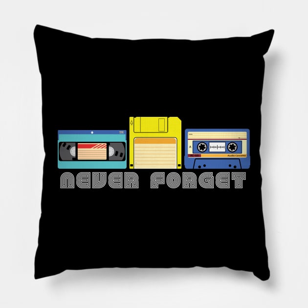 Vintage Never Forget VHS Tape Floppy Disk Cassette Tape Pillow by BadDesignCo