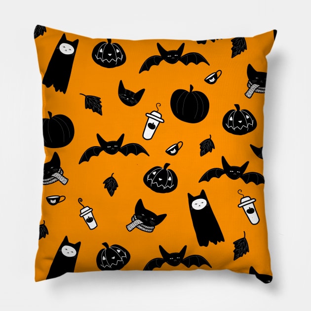 Spooky Cats and Bats and Coffee Pillow by KilkennyCat Art