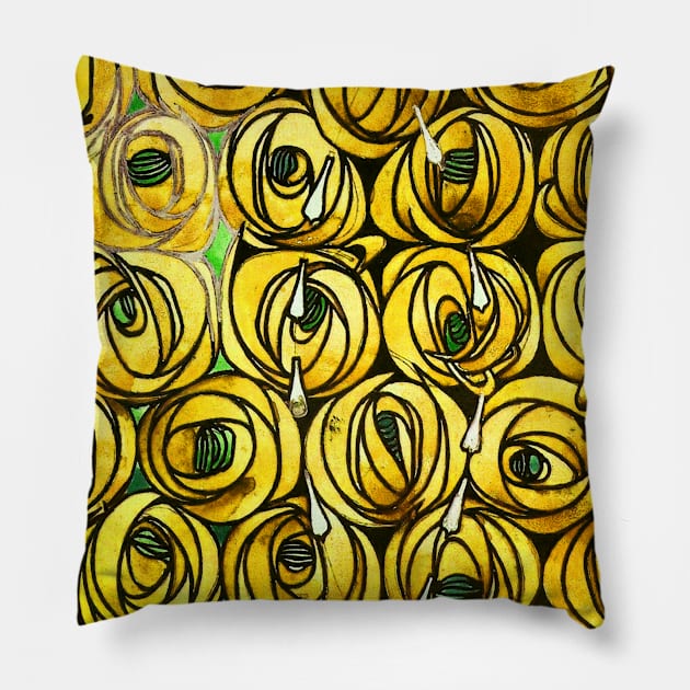 GOLD YELLOW ROSES AND TEARDROPS Art Nouveau Floral Pillow by BulganLumini