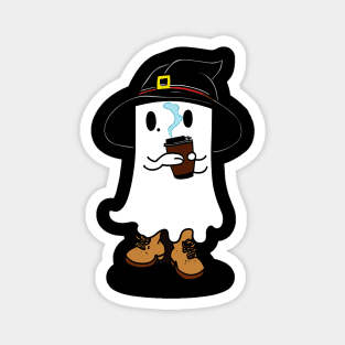 cute Ghost with witch hat drinking coffee Magnet