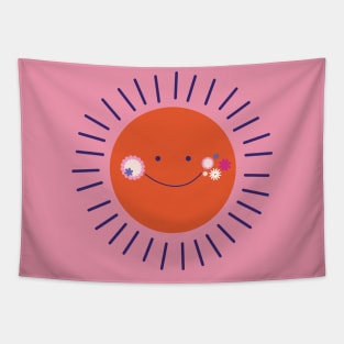 Summer cute funny happy smiling sun with flowers Tapestry