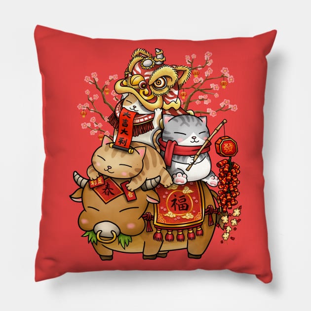 Chinese New Year Cats on Ox Pillow by Takeda_Art