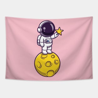 Astronaut Holding Star On Moon Cartoon Tapestry