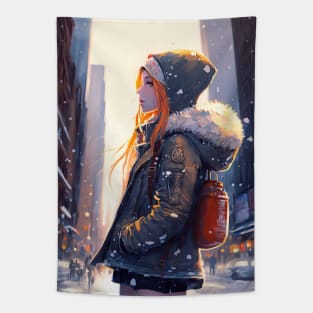 New York Anime girl enjoying the city snow Tapestry