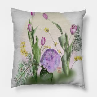 ikebana watercolor tulips with a hyacinth Pillow