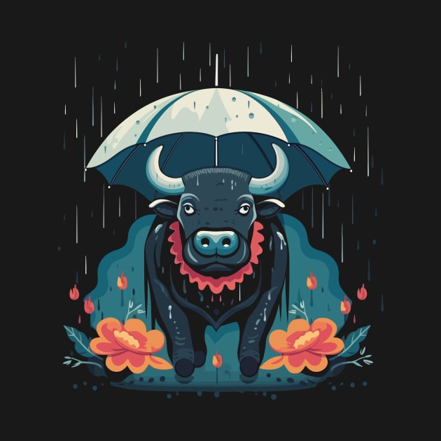 Water Buffalo Rainy Day With Umbrella by JH Mart