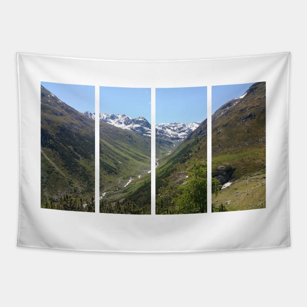 A shot on the move from the driver window of an electric car with snow-covered alps mountains in front of it. Sunny summer day. POV first person view shot on a mountain road. Italy Tapestry by fabbroni-art