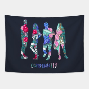 Silhouettes of young people, women and menon on flowers background Tapestry